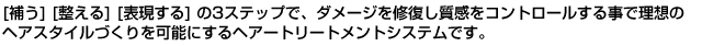 補う整える表現するの3ステップで、ダメージを修復し、質感をコントロールする事で理想的なヘアースタイルづくりを可能にするヘアートリートメントシステムです。